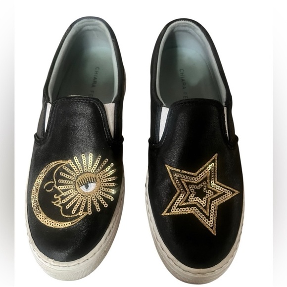 CHIARA Ferragni US 7 Starry Slip On Sneaker Black Leather Sequin Sun Moon - Picture 1 of 7